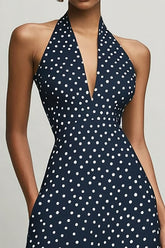Marineblaues A-Linie Neckholder Kleid mit weißen Polka Dots und Schlitz